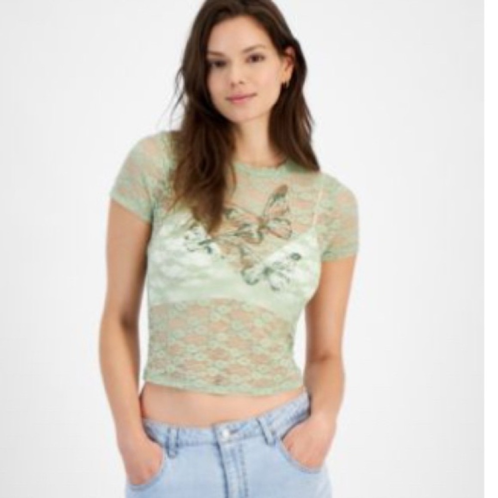 Y2K ULTRA FLIRT Green woman Lace butterfly sheer lightweight boho chic top NWT M